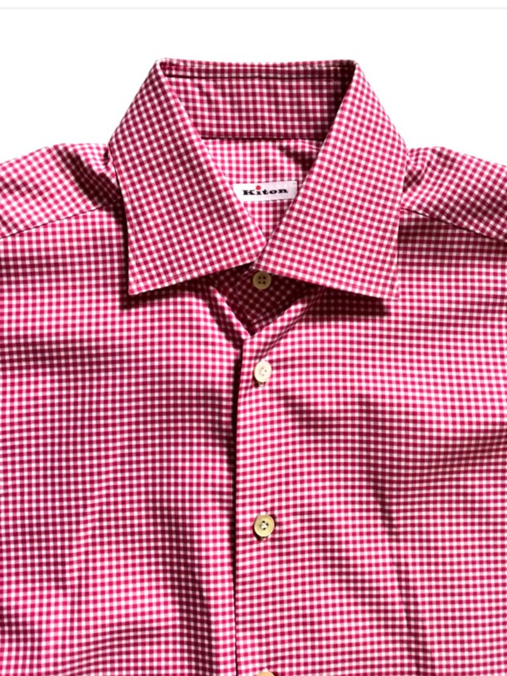 KITON Button Down Sport Shirt Mens 40 16 Pink White Check Cotton Long Sleeve